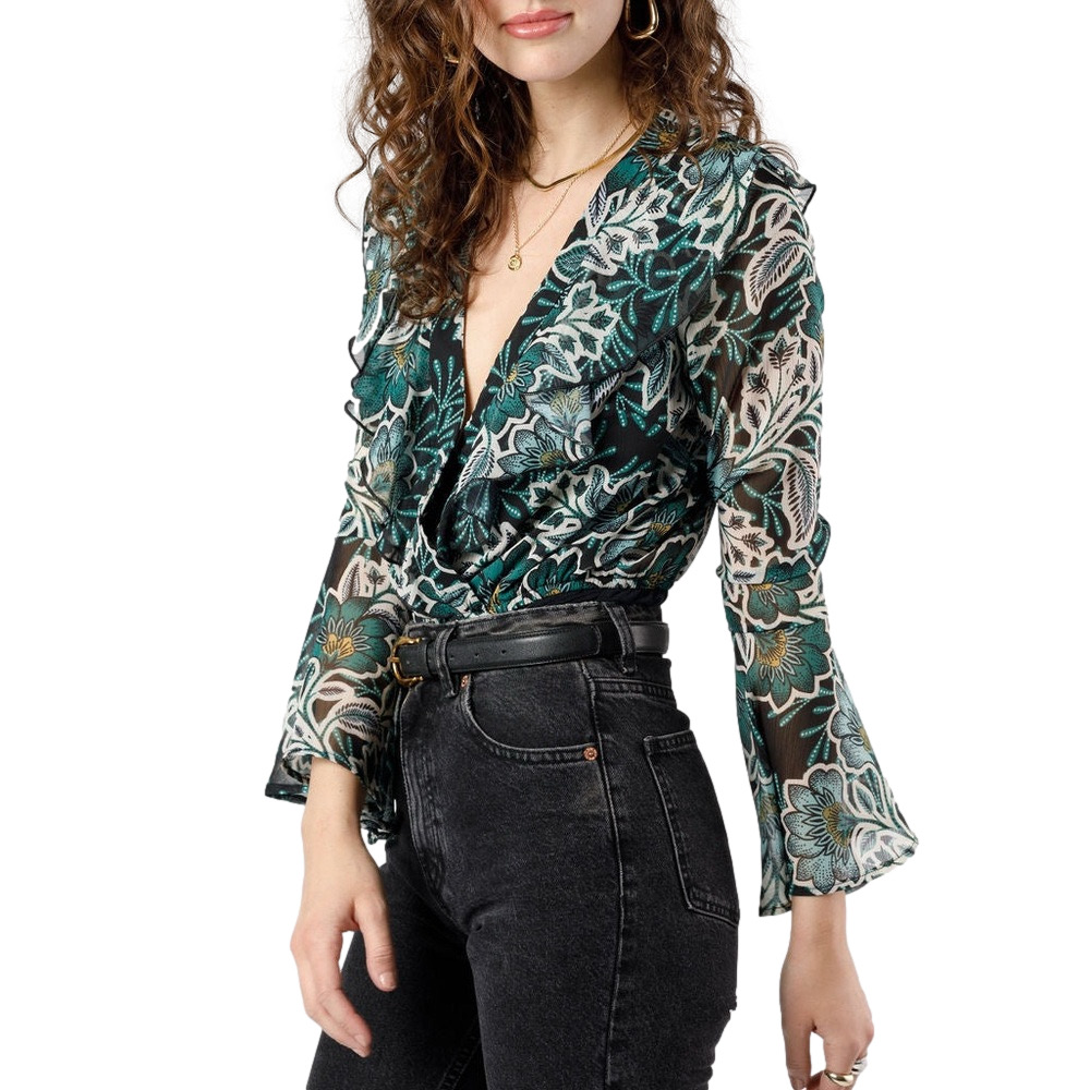 BAND OF THE FREE Bonnie Emerald Floral Long Sleeve Bodysuit Women's Large NWT